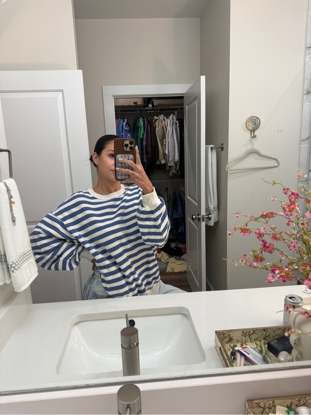 aerie Blue and White Striped Crewneck Sweater
